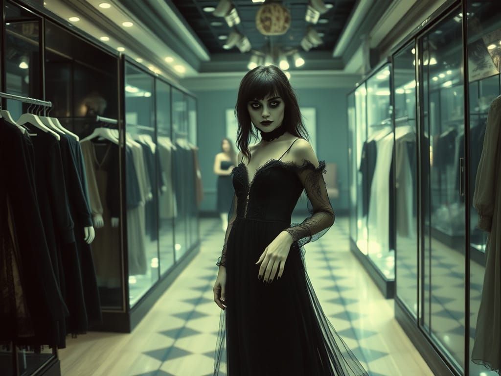 Ethereal Female Ghost in Haunting Boutique Setting