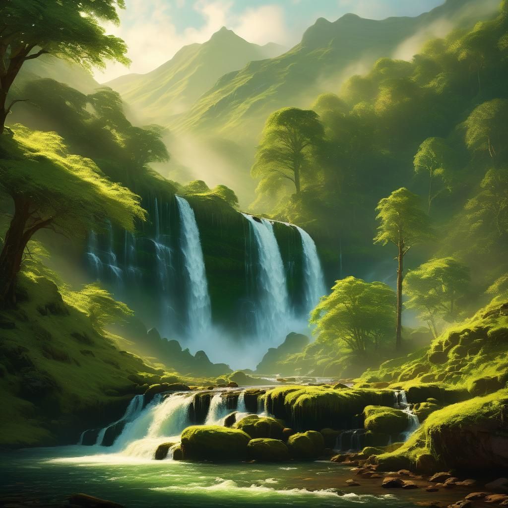 Majestic Waterfall Landscape in Oil Painting Style