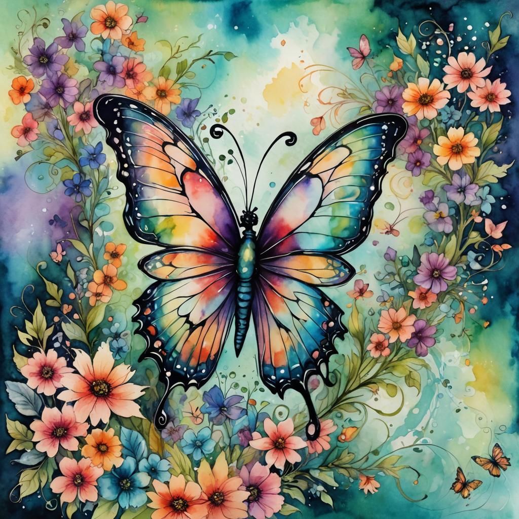 Abstract Fairy Butterfly with Floral Border in Watercolor St...
