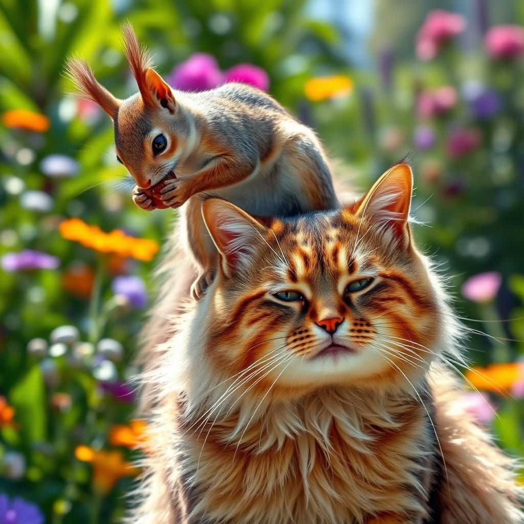 Squirrel and Cat in Sun-Drenched Garden
