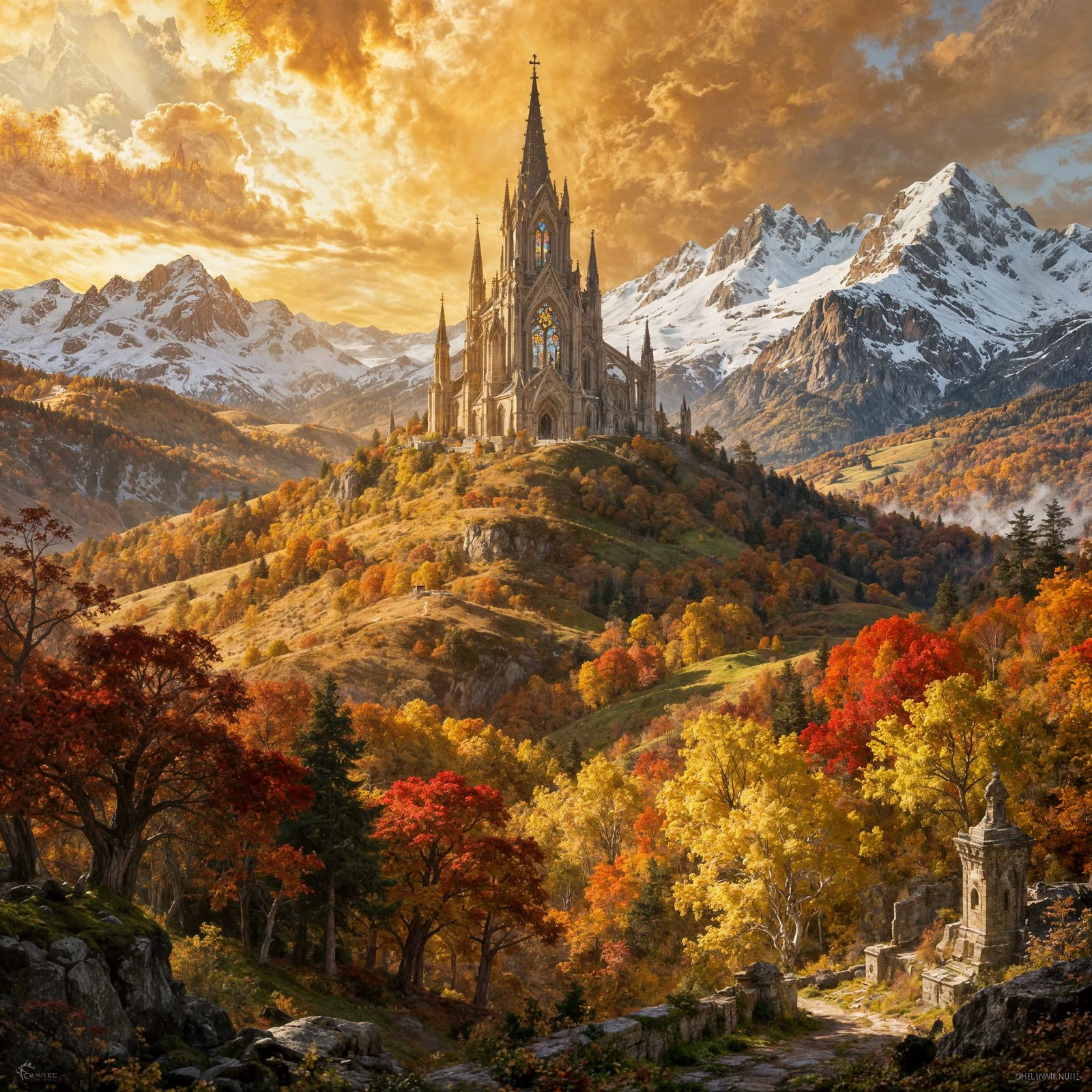 Classical Painting of Autumn Landscape with Cathedral