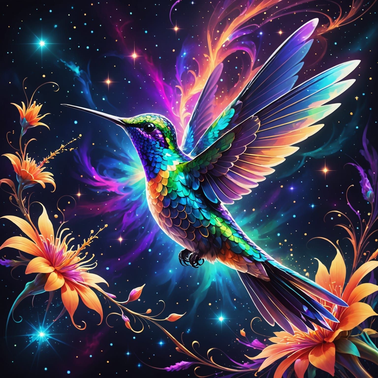 Celestial Hummingbird in Cosmic Astral Illustration