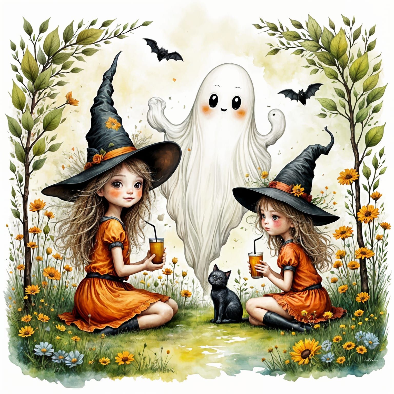 Friendly Ghost in Park with Witches, Mary Engelbreit Art