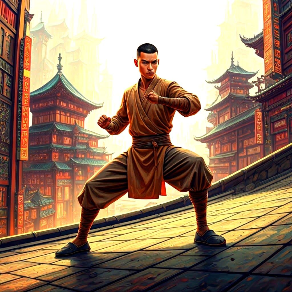 Warrior Monk Overlooking Fantasy City in Abstract Art Style