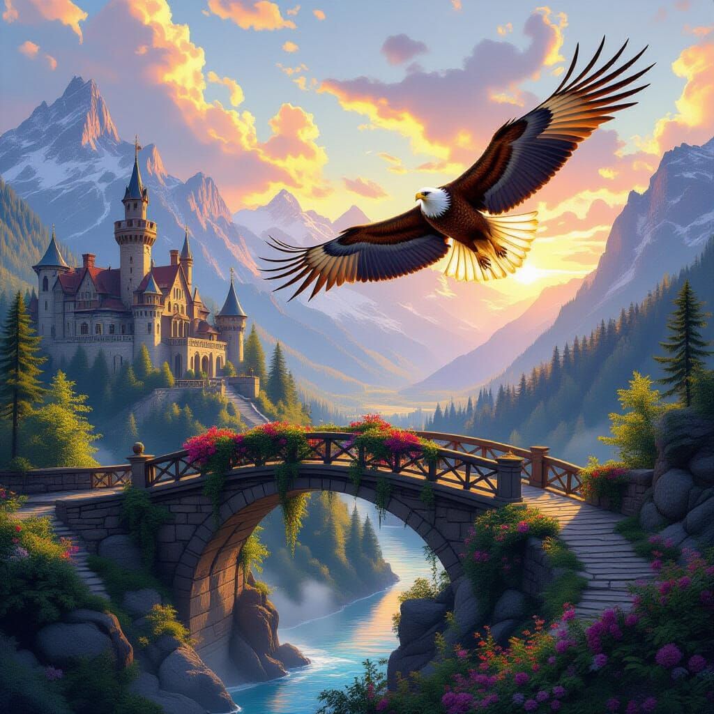 Eagle Soaring Over Valley Castle: Fantasy Matte Painting