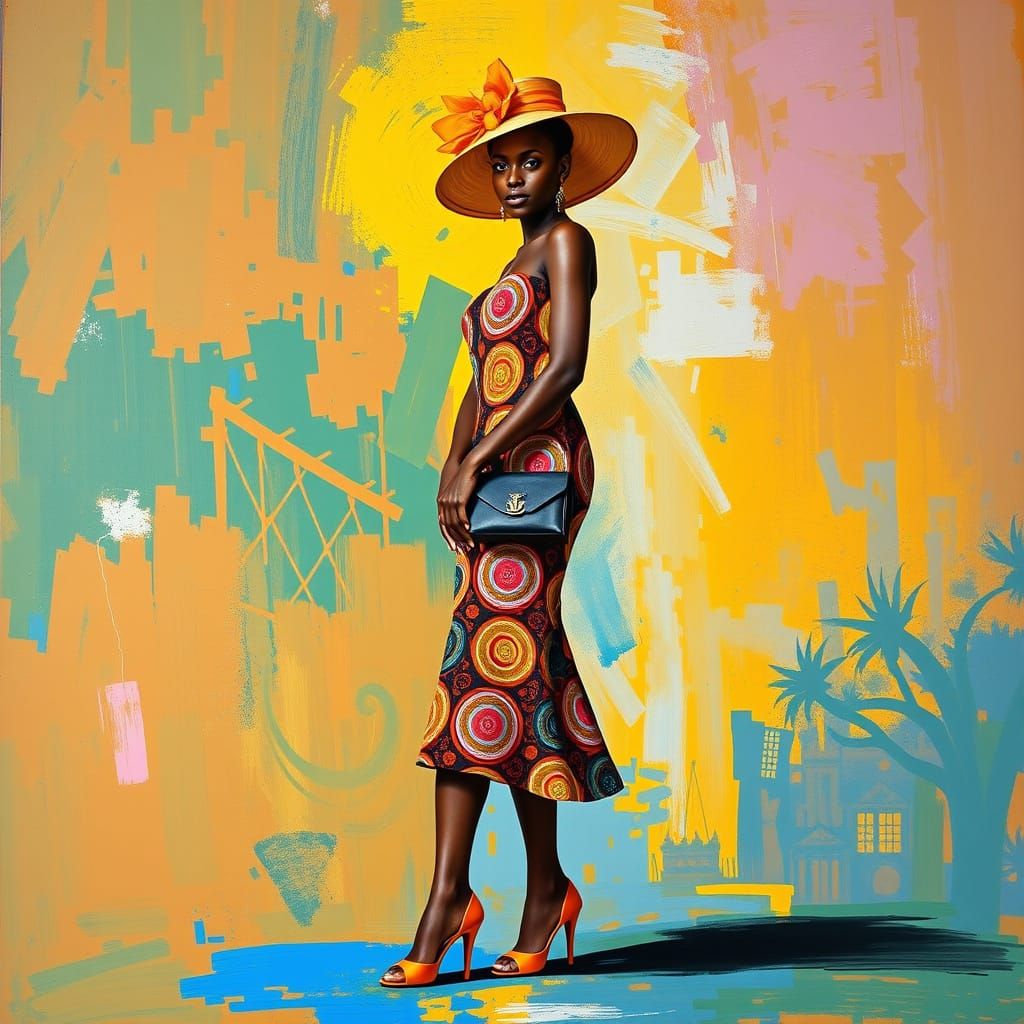 Sophisticated Woman in Vibrant, Art Deco-Inspired Attire