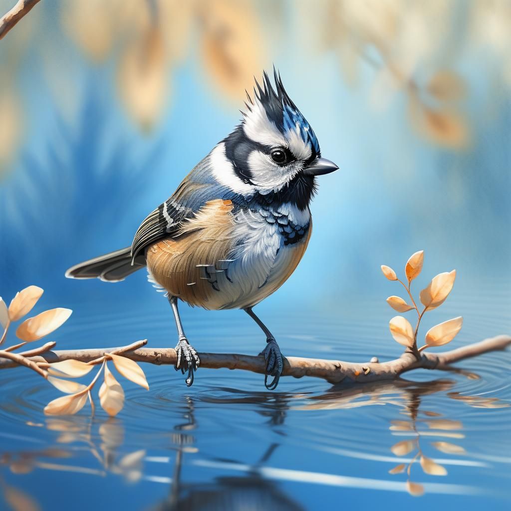 Crested Tit on Branch: Whimsical Watercolor Illustration