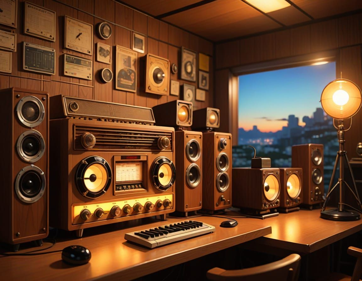 Vintage Radio Studio in Warm Anime Style