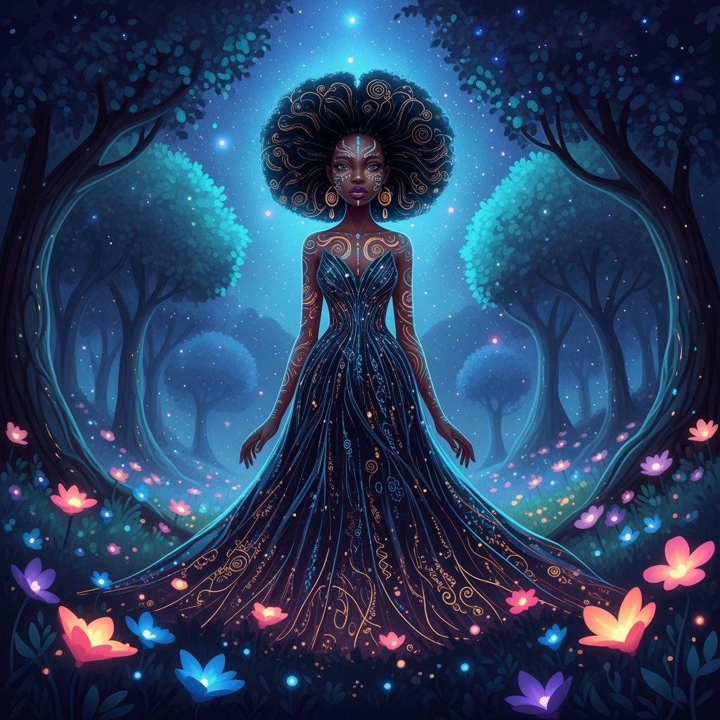 Ethereal African Woman in Bioluminescent Forest, Afrofuturis...