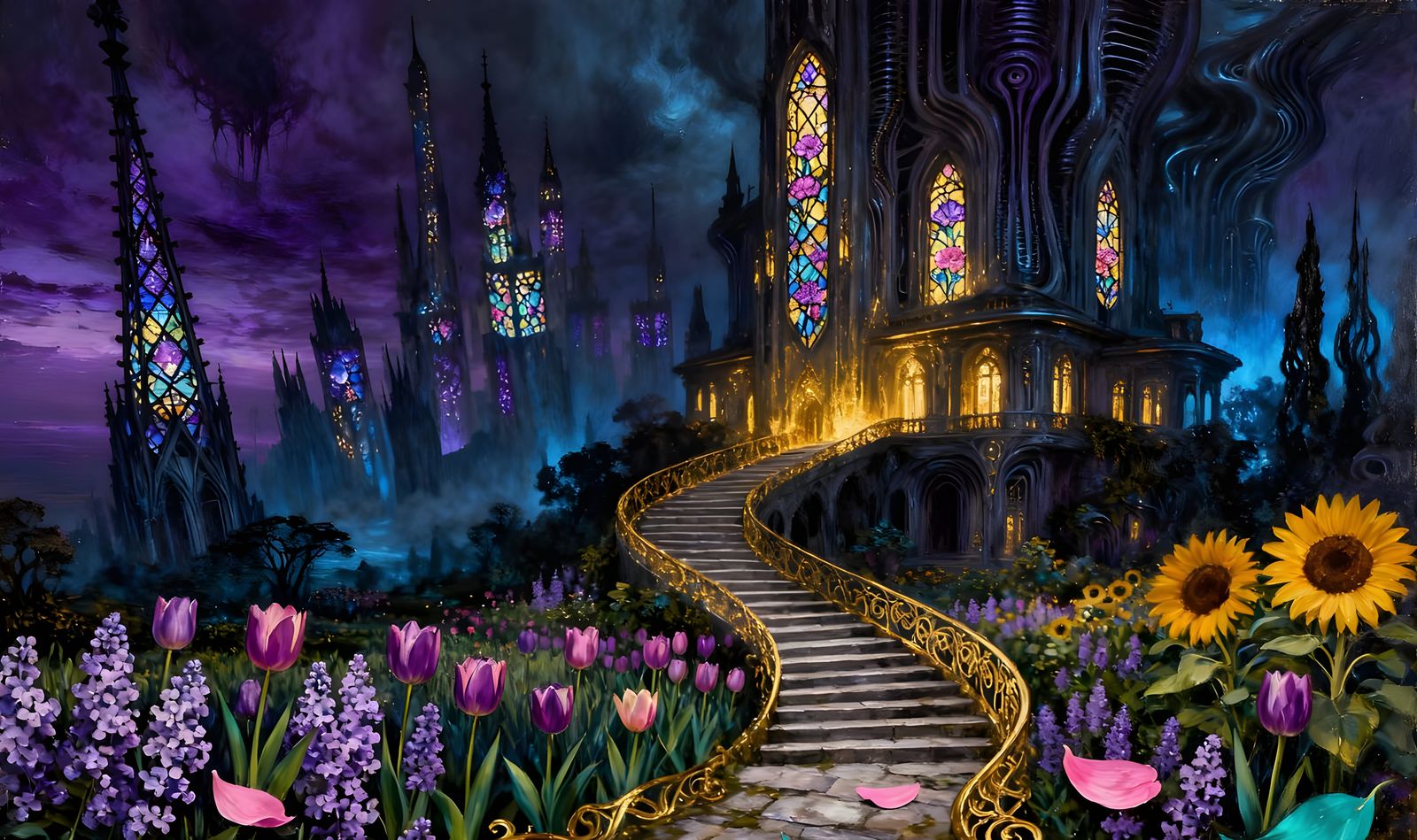 Gothic Cityscape with Garden Staircase and Stained Glass