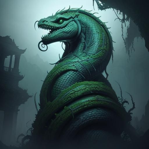 Mystical Snake in Temple Ruins: Fantasy Concept Art
