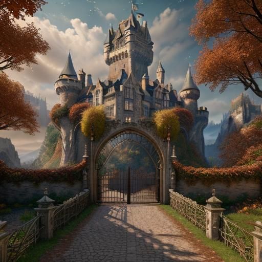 Autumn Landscape Beyond Castle Gate in Detailed Matte Painti...