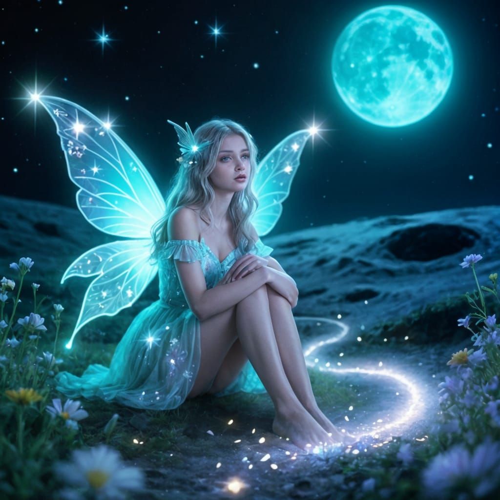 Bioluminescent Fairy in a Moonlit Fantasy Landscape