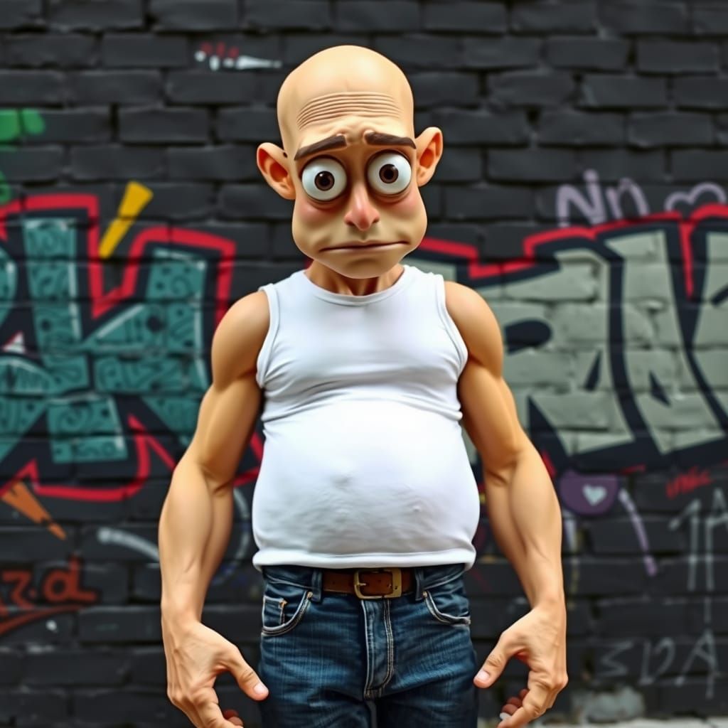 Charming Cartoon Character with Beer Belly and Vibrant Graff...