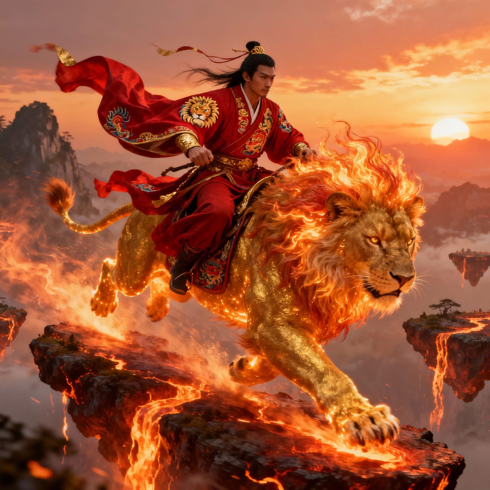 Wuxia Immortal Riding Golden Lion Through Fiery Sunset