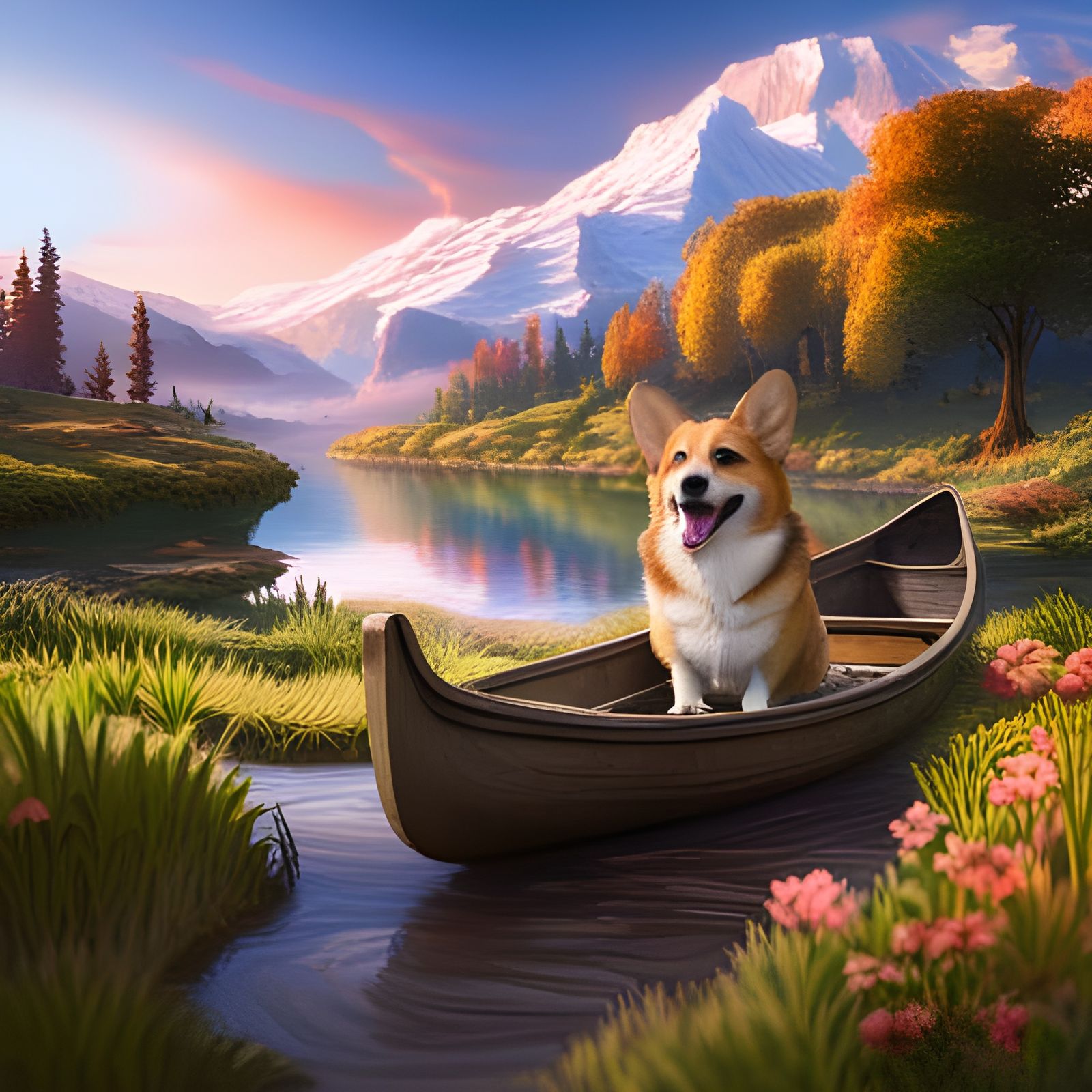Corgi Canoe Adventure: Detailed Matte Painting