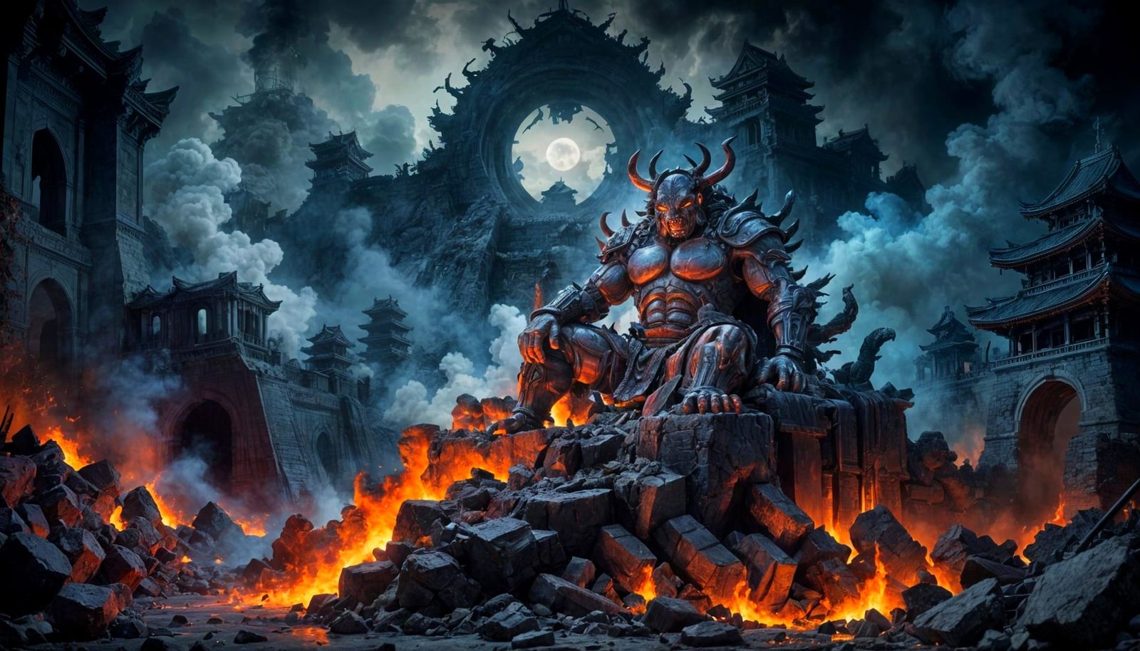 Oni in Castle Ruins: Sumi-e Style