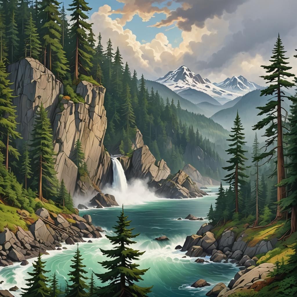 Pacific Northwest Painting in 3D Anime Style