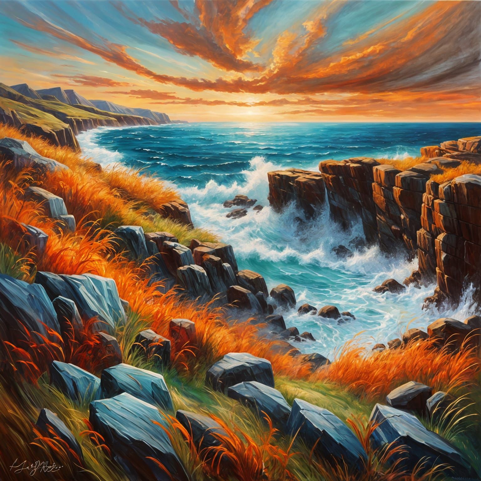 Grassy Cliffside Waves in Synthetism Style