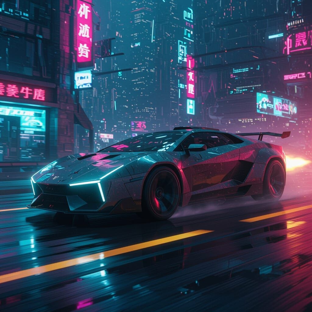 Cyberpunk Car Speeds Through Neon Cityscape