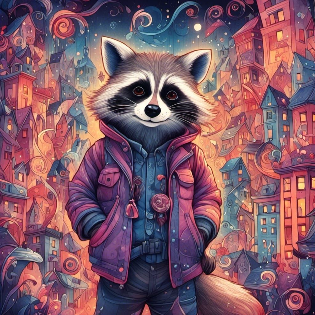 Raccoon as Whimsical Fencer in the City