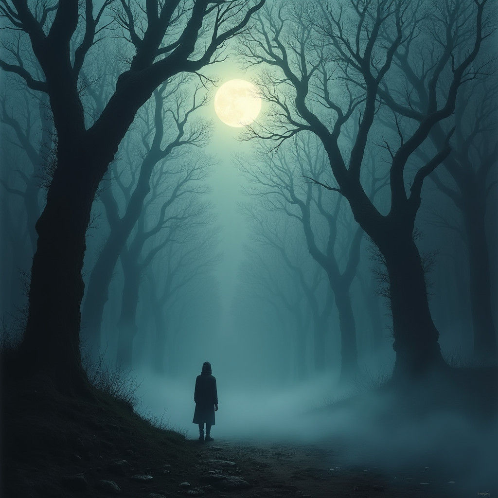 Eerie Figure in Moonlit Forest: Surrealist Landscape