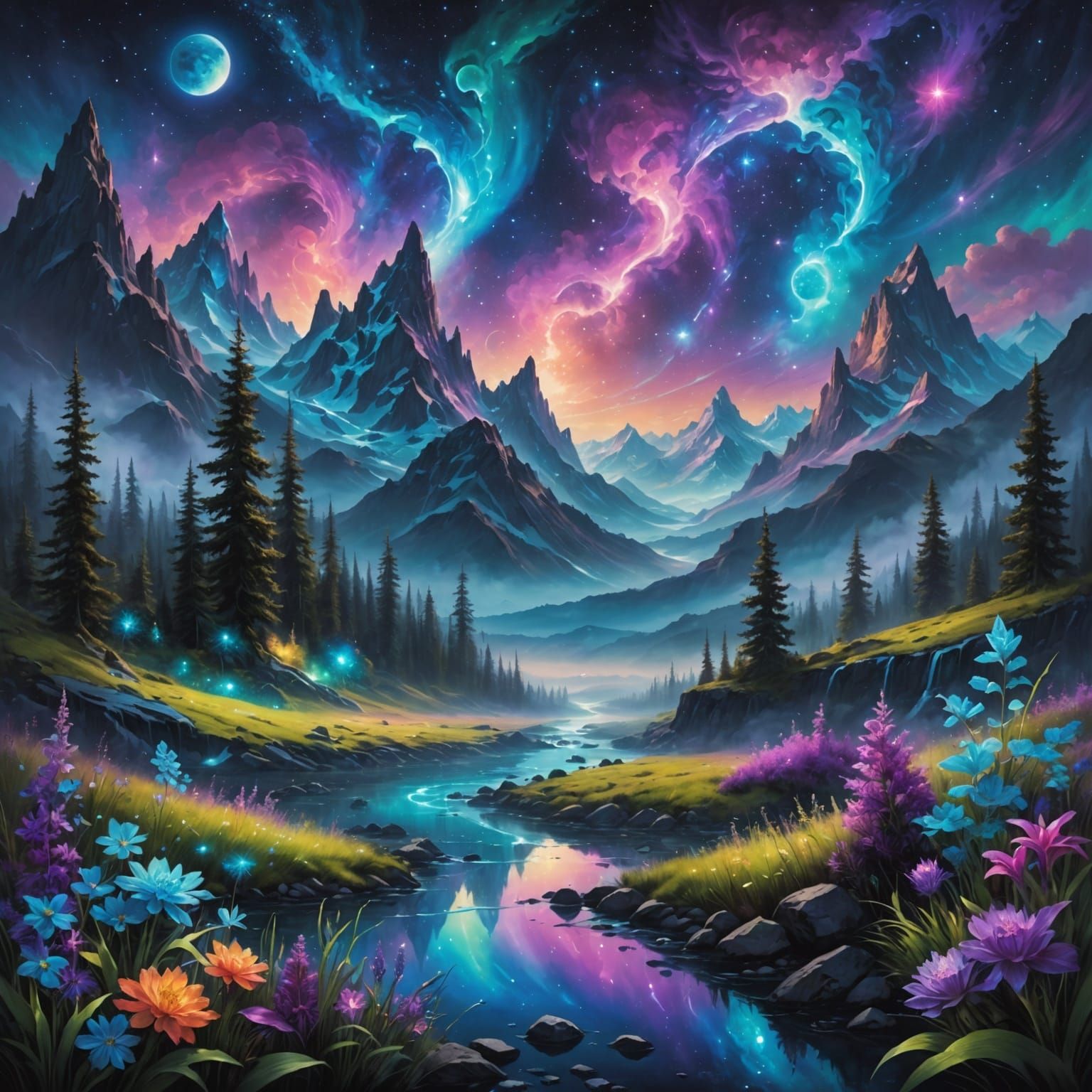 Dreamscape: Crystal Mountains and Cosmic Sky