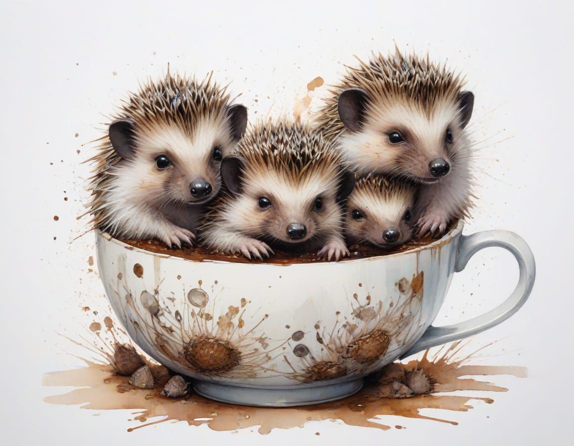 Hedgehog Hatchlings in Teacup, Stylized Watercolour