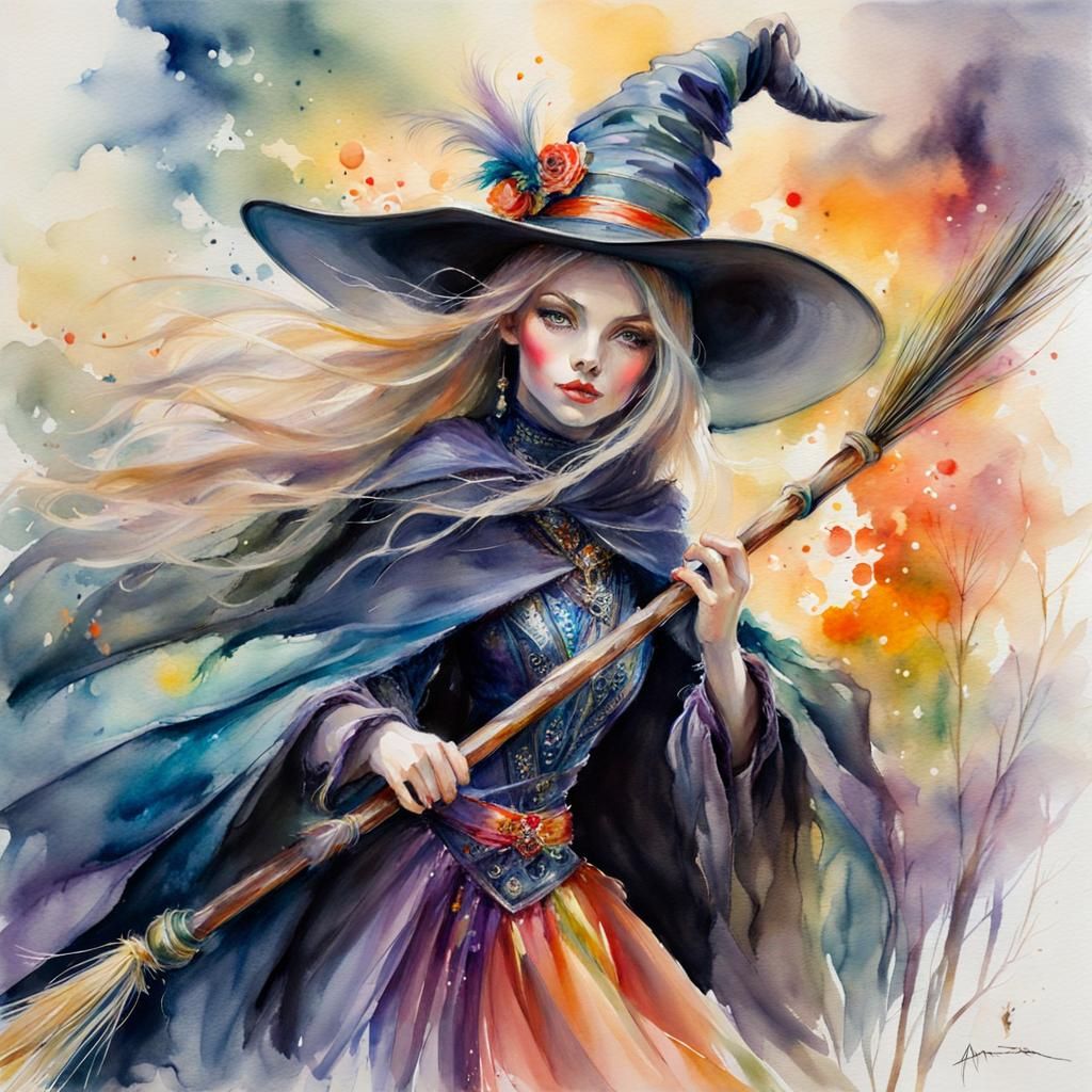 Fantasy Witch on Broom in Watercolour Style