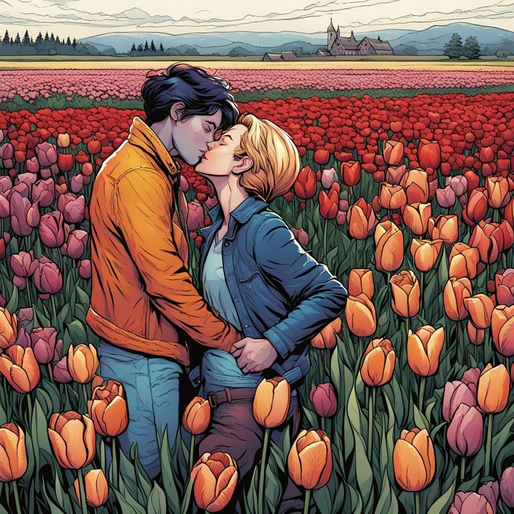 Lesbian Couple Kissing in Tulip Field: Comic Book Art