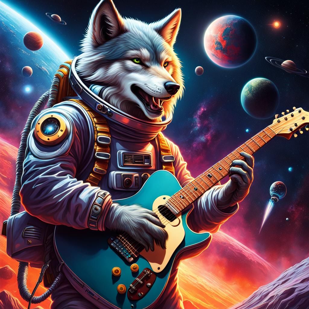 Anthropomorphic  wolf in a space suit playing guitar to aliens   Hyperrealistic, splash art, concept art, mid shot, intr...