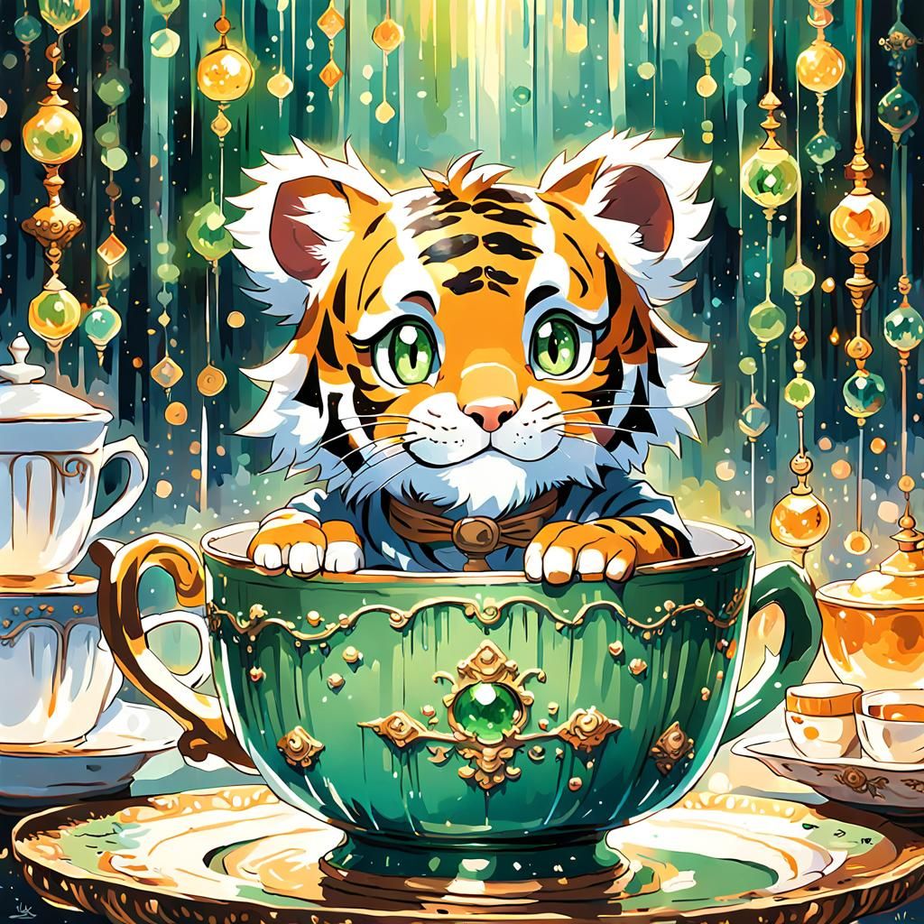 Anime Tiger Cub in Teacup, Impressionist Oil Painting
