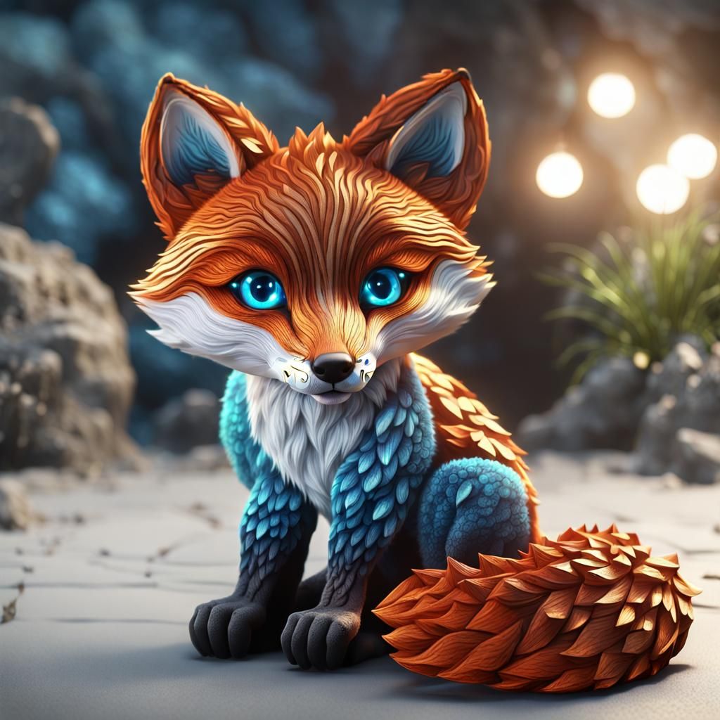 Lava Fox Cub with Ocean Eyes: Photorealistic CGI