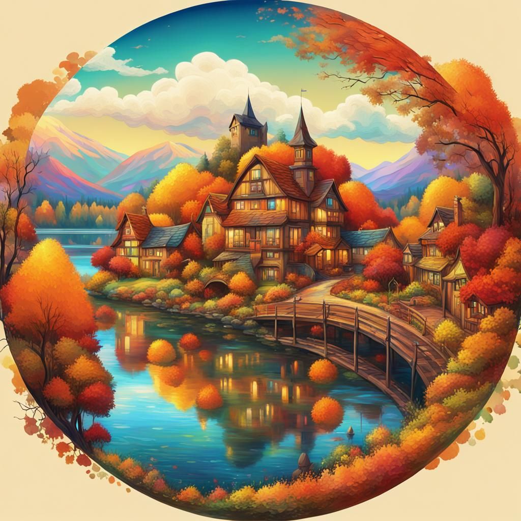 Autumn Village in Orb: Ghibli-Style Ink Painting