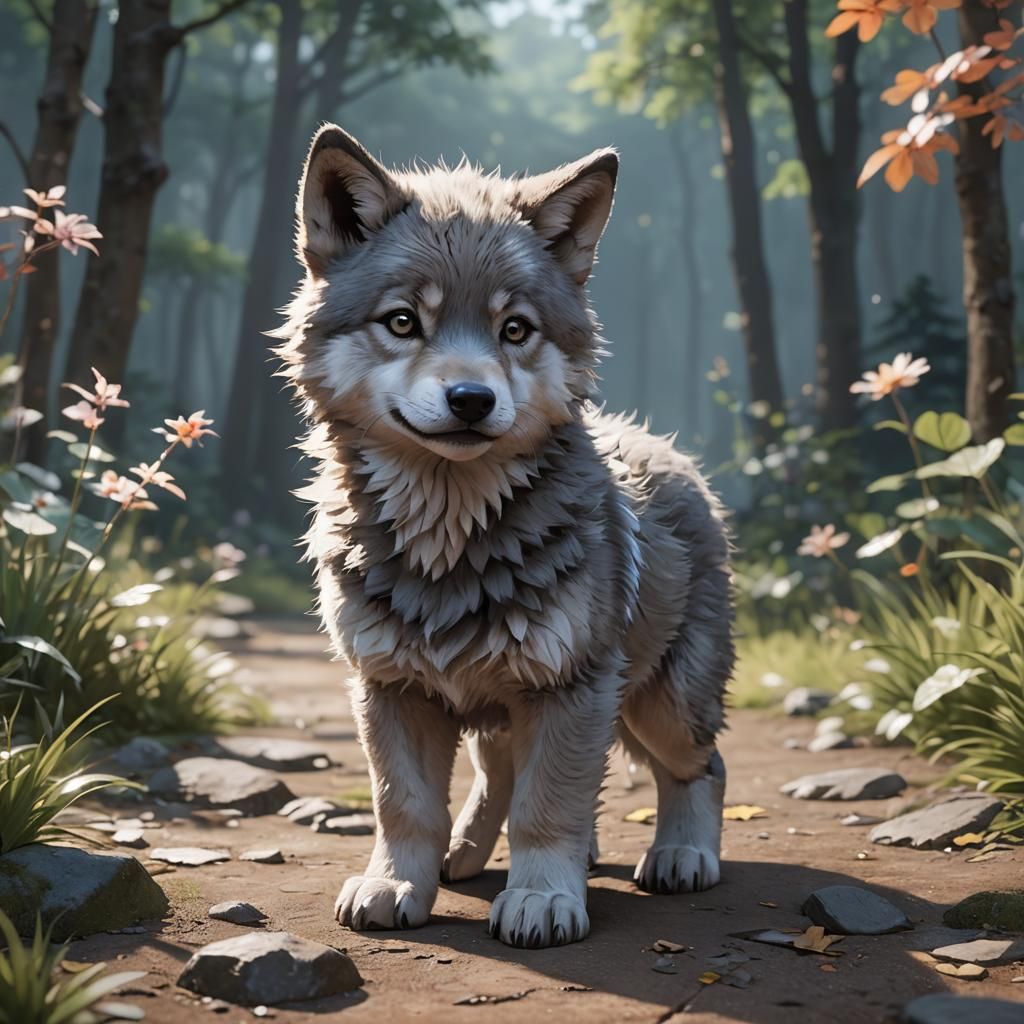 Anime Style 3D Render of a Cute Wolf Cub