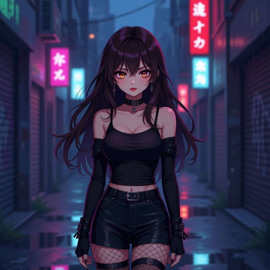 Anime Girl in Goth Style Urban Alleyway