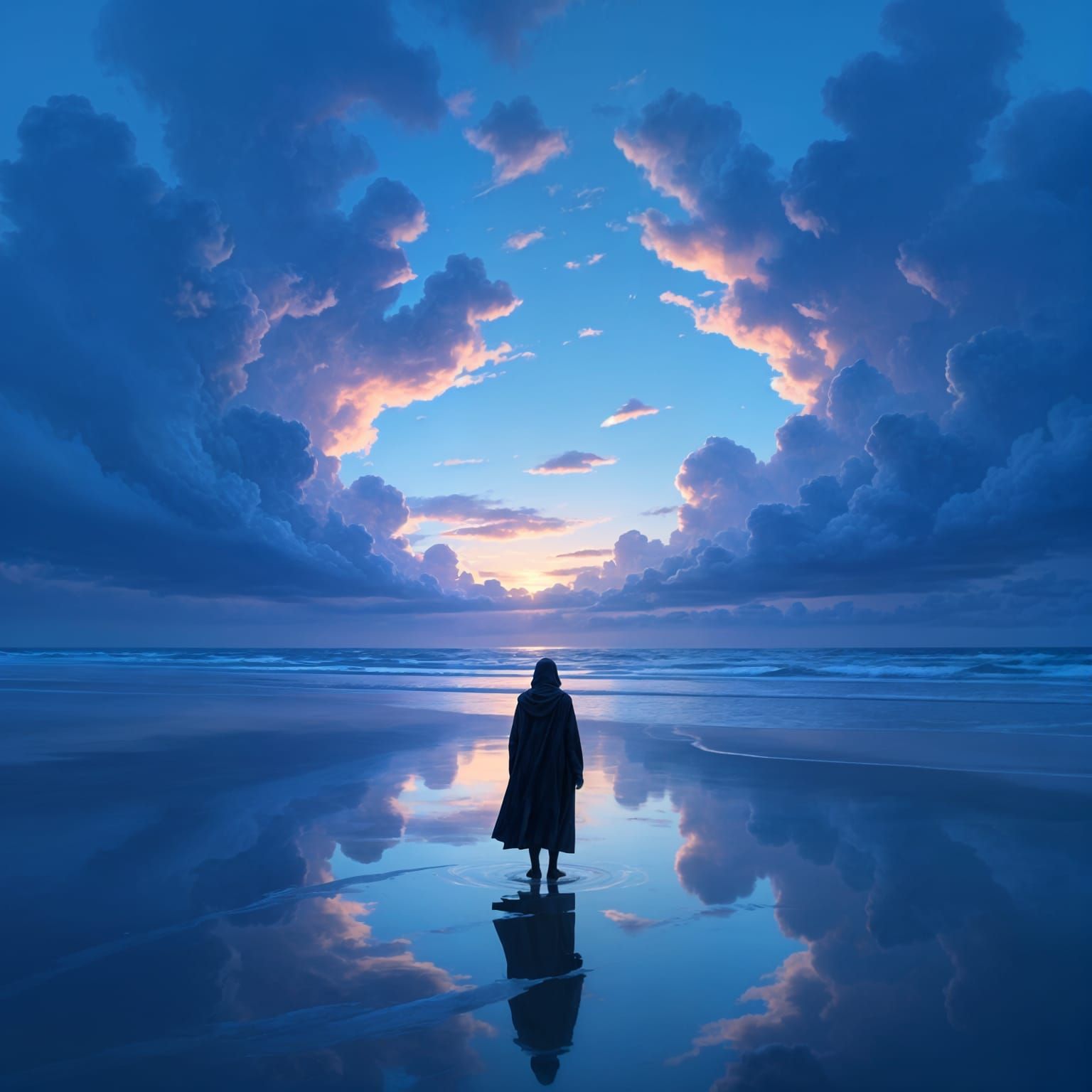 Hyperrealistic Figure on Windswept Beach Reflecting Sky