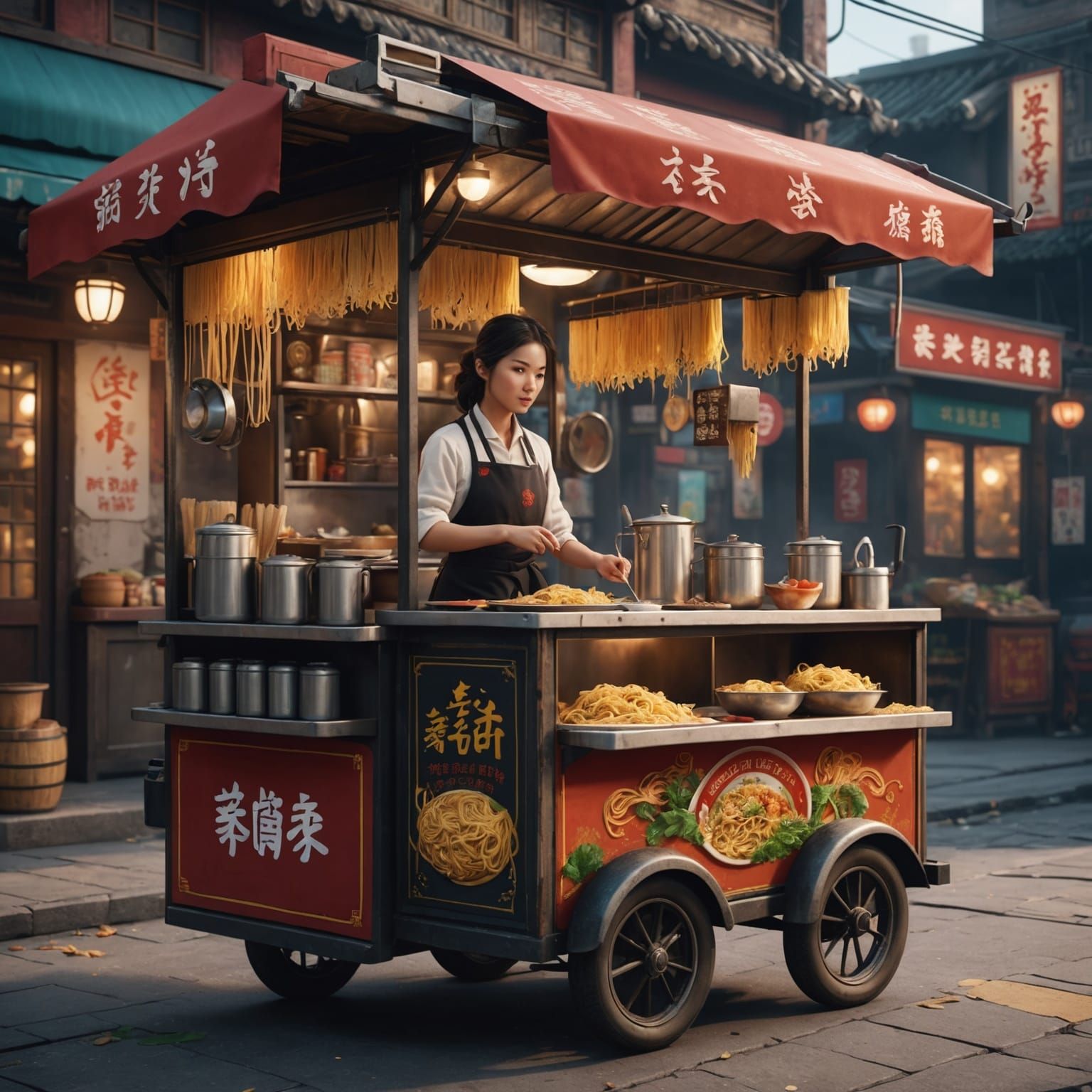 Asian Woman Serving Noodles from Food Cart