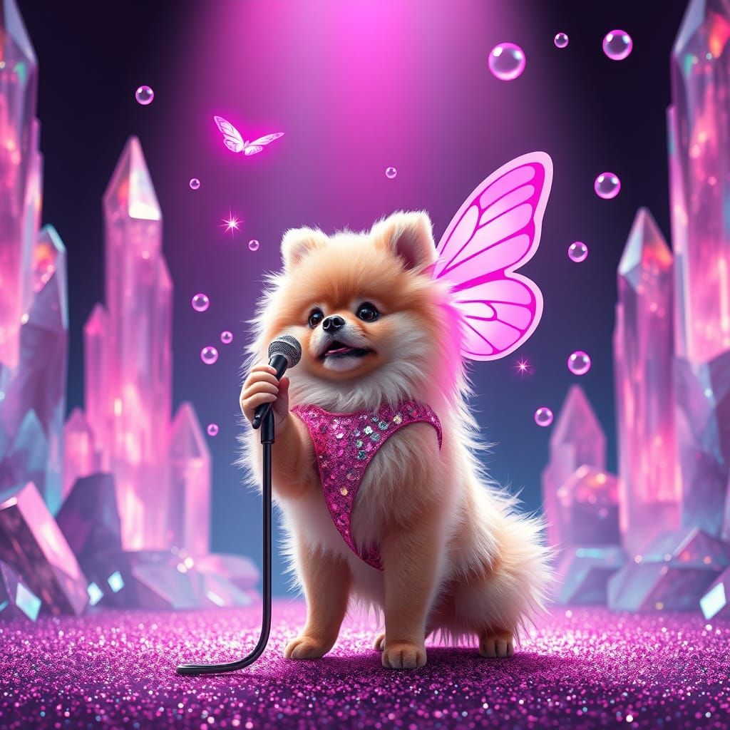 Whimsical Pomeranian Singer Shines on Glittering Stage
