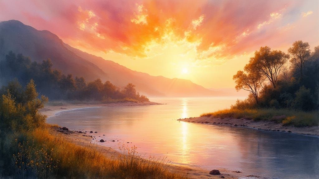 Mountain Sunrise Watercolour Painting with Ethereal Glow