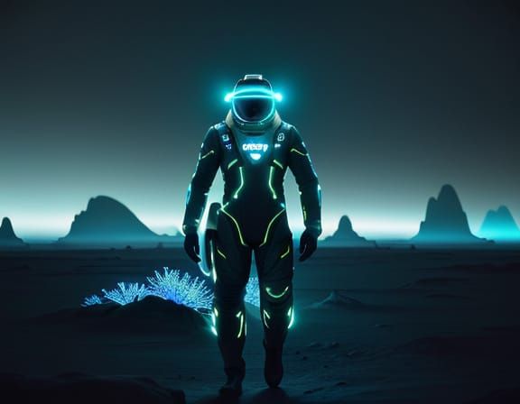 Astronaut in Bioluminescent Alien Garden: Retro-Futuristic F...