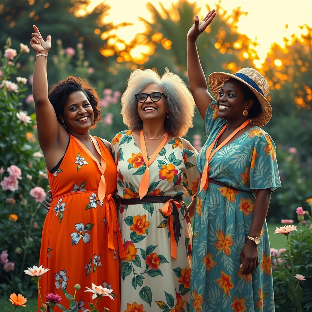 Women Celebrating Freedom and Resilience in Vibrant Garden