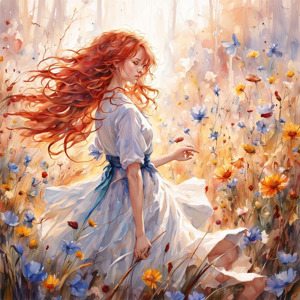 Lady in Wildflowers: Whimsical Watercolor Painting