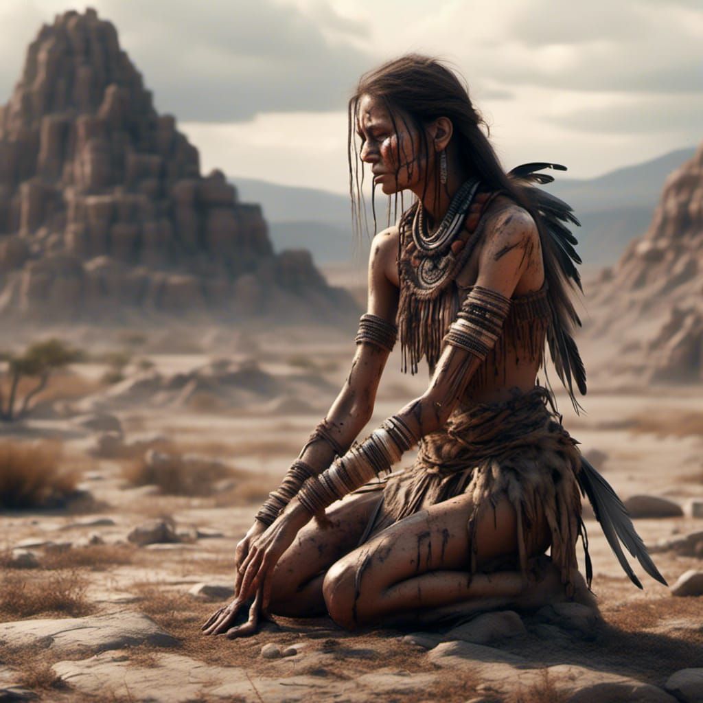 <lora:SuperHyperrealism:1.0> Female native warrior kneeling ...