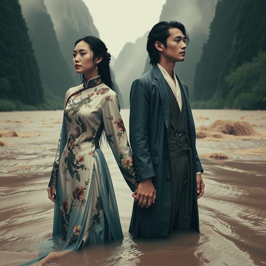 Wistful Chinese Couple in River, Pre-Raphaelite Style
