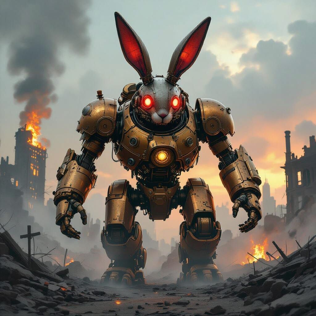 Steampunk Rabbit Robot Rampage in Ruined Cityscape