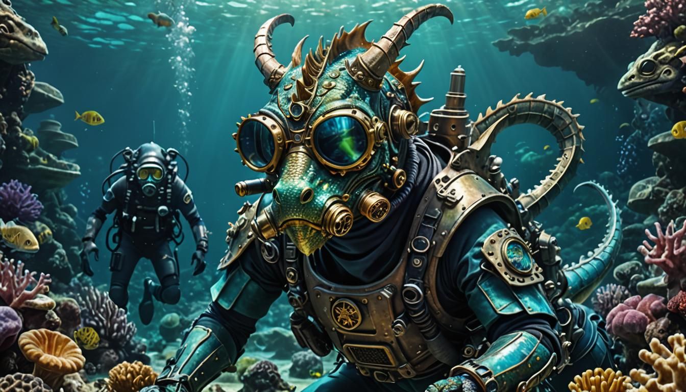 Hyper-realistic Photograph a BioPunk Dragon wearing scuba diving mask and fins with iridescent cyber enhancements huntin...