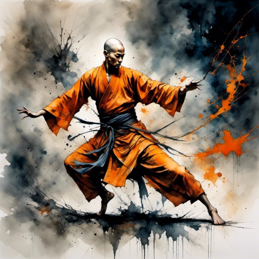 Shaolin Monk Practicing Kung-Fu in Dark Style