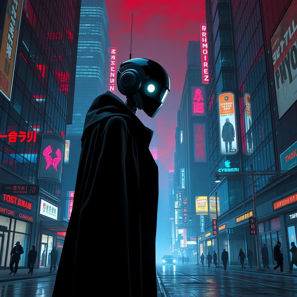 Cyberpunk Robot in Futuristic Megalopolis Street