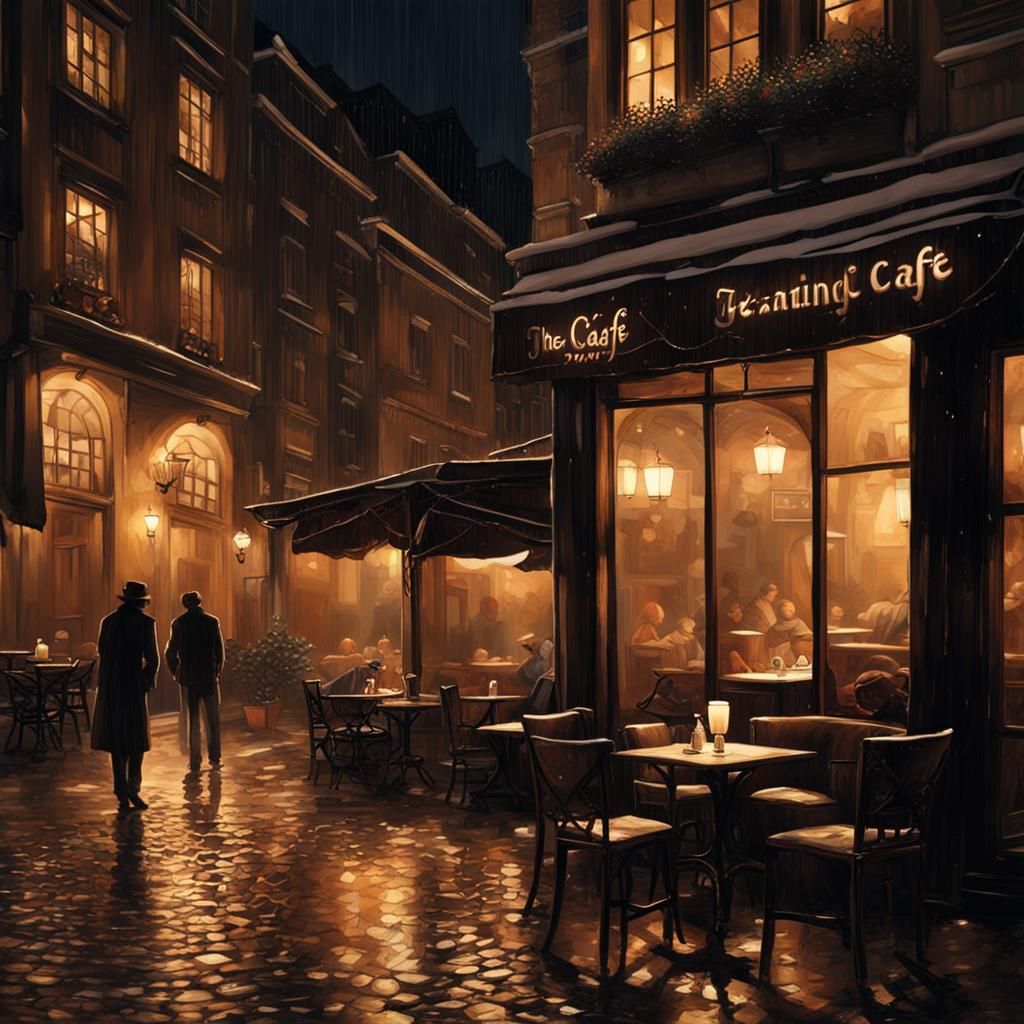 Cozy Cafe at Night in Cubist Art Deco Style